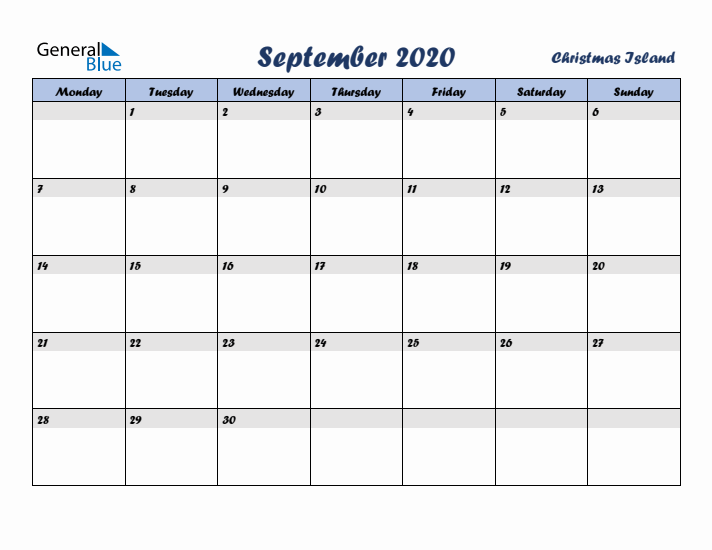 September 2020 Calendar with Holidays in Christmas Island