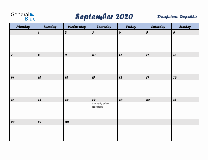 September 2020 Calendar with Holidays in Dominican Republic