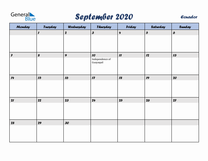 September 2020 Calendar with Holidays in Ecuador