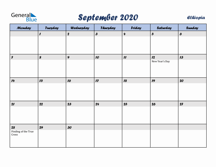 September 2020 Calendar with Holidays in Ethiopia