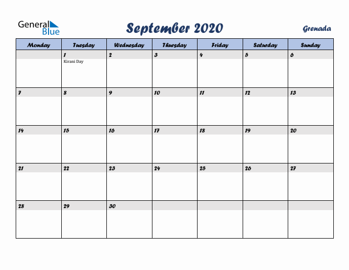 September 2020 Calendar with Holidays in Grenada
