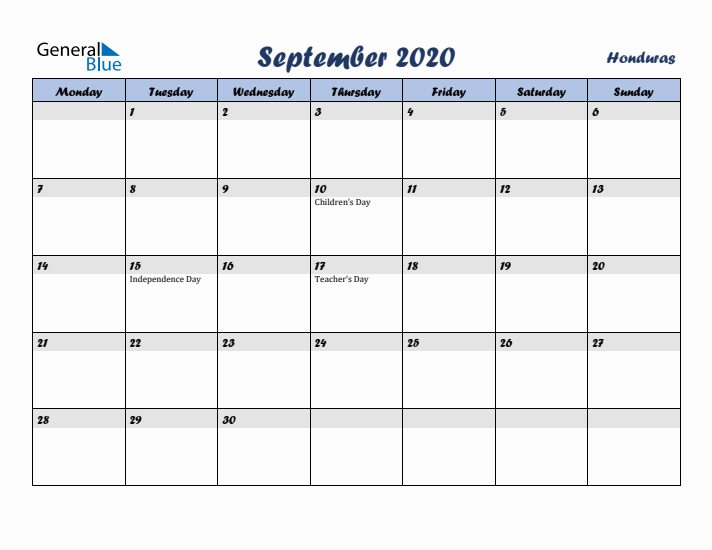 September 2020 Calendar with Holidays in Honduras