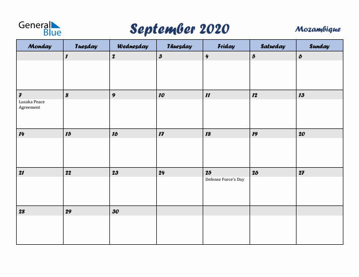 September 2020 Calendar with Holidays in Mozambique