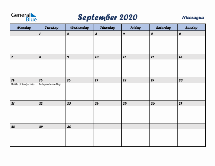 September 2020 Calendar with Holidays in Nicaragua