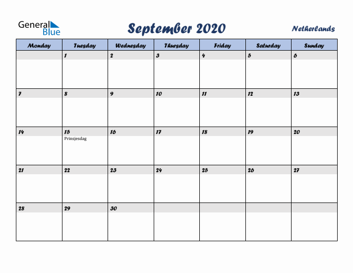 September 2020 Calendar with Holidays in The Netherlands