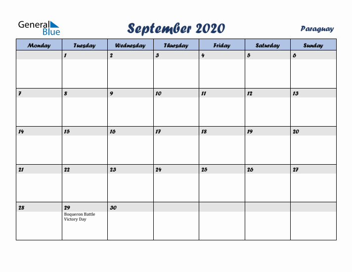 September 2020 Calendar with Holidays in Paraguay