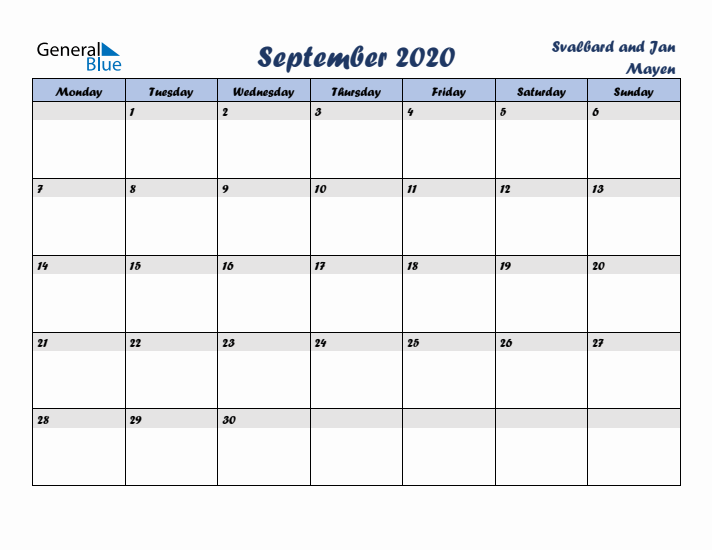 September 2020 Calendar with Holidays in Svalbard and Jan Mayen