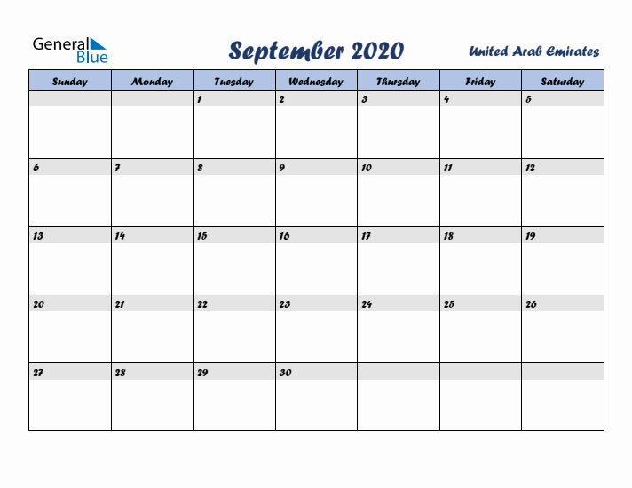 September 2020 Calendar with Holidays in United Arab Emirates