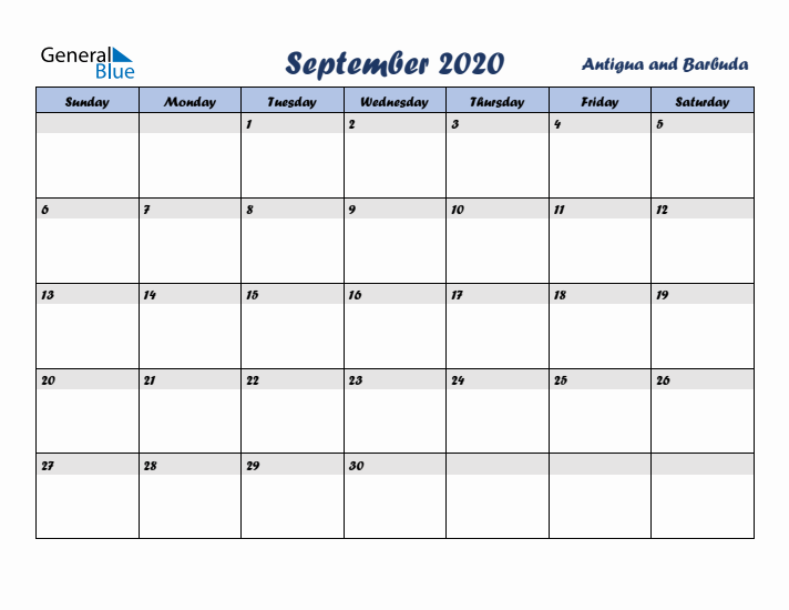 September 2020 Calendar with Holidays in Antigua and Barbuda