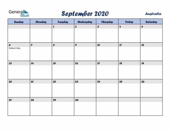 September 2020 Calendar with Holidays in Australia