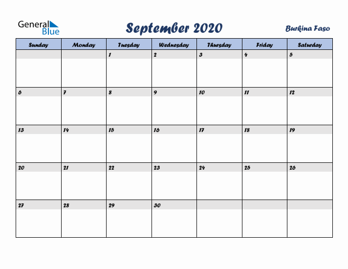 September 2020 Calendar with Holidays in Burkina Faso