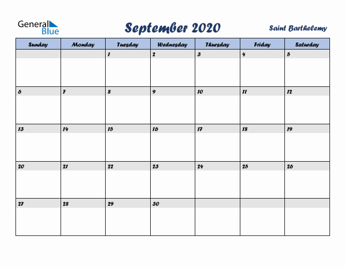 September 2020 Calendar with Holidays in Saint Barthelemy