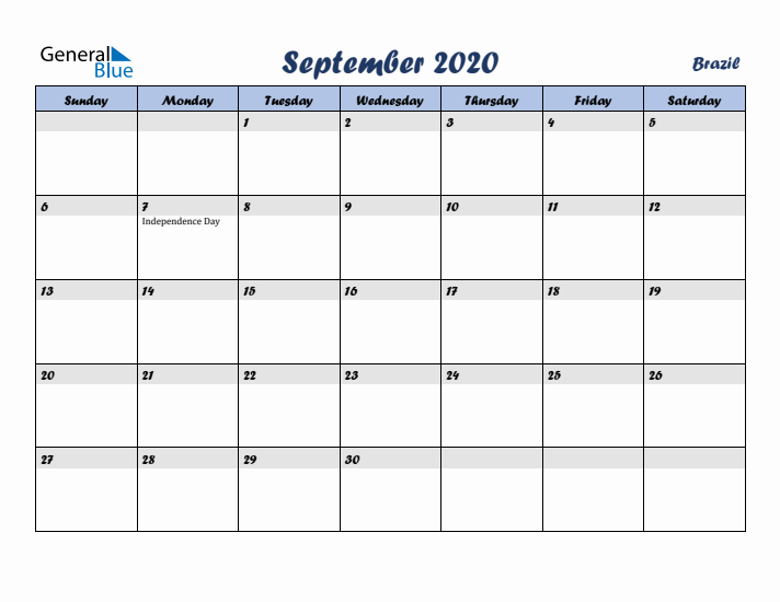 September 2020 Calendar with Holidays in Brazil