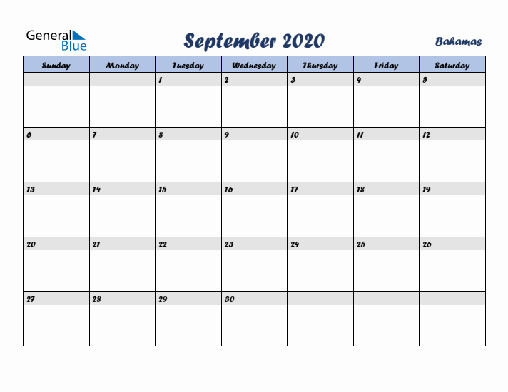 September 2020 Calendar with Holidays in Bahamas