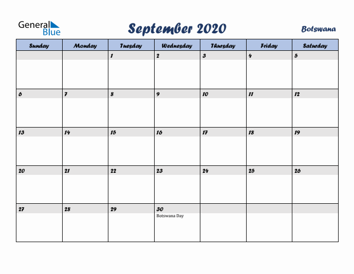September 2020 Calendar with Holidays in Botswana