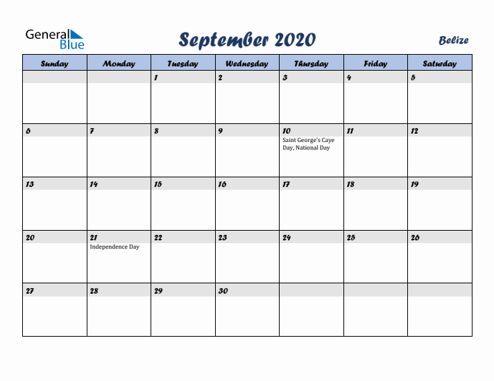 September 2020 Calendar with Holidays in Belize