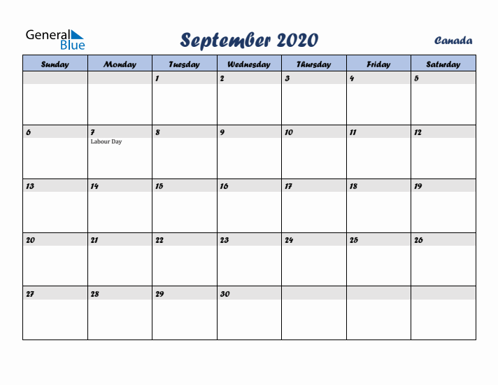 September 2020 Calendar with Holidays in Canada