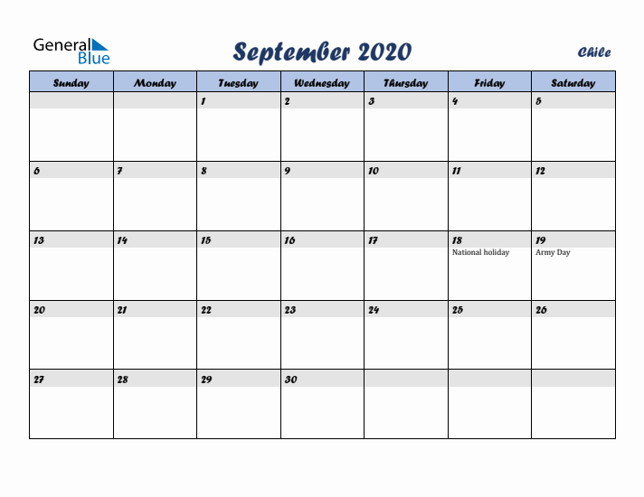 September 2020 Calendar with Holidays in Chile
