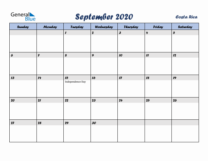 September 2020 Calendar with Holidays in Costa Rica