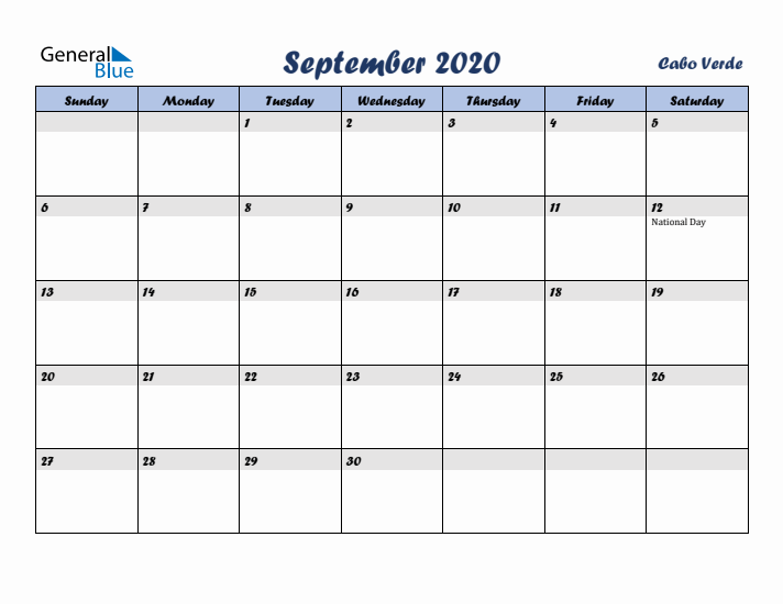 September 2020 Calendar with Holidays in Cabo Verde