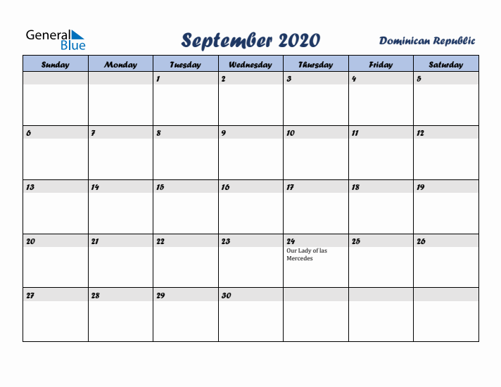 September 2020 Calendar with Holidays in Dominican Republic