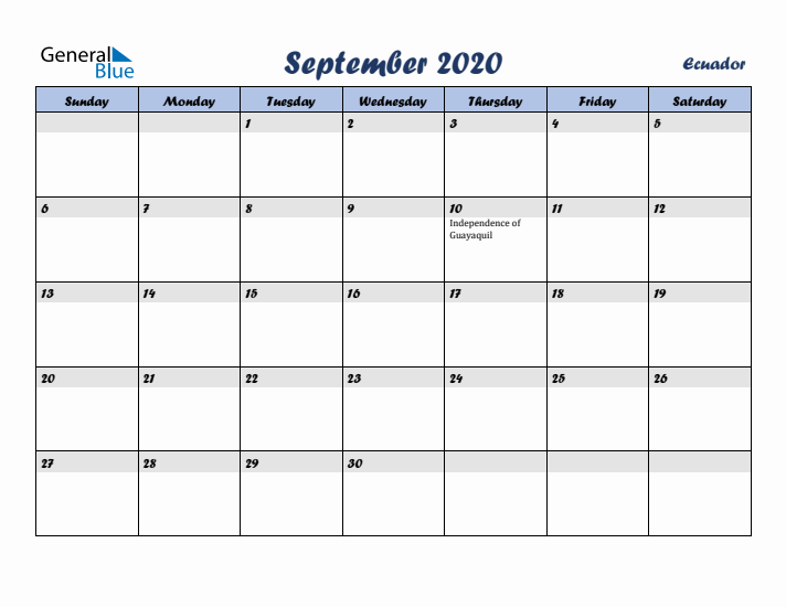 September 2020 Calendar with Holidays in Ecuador
