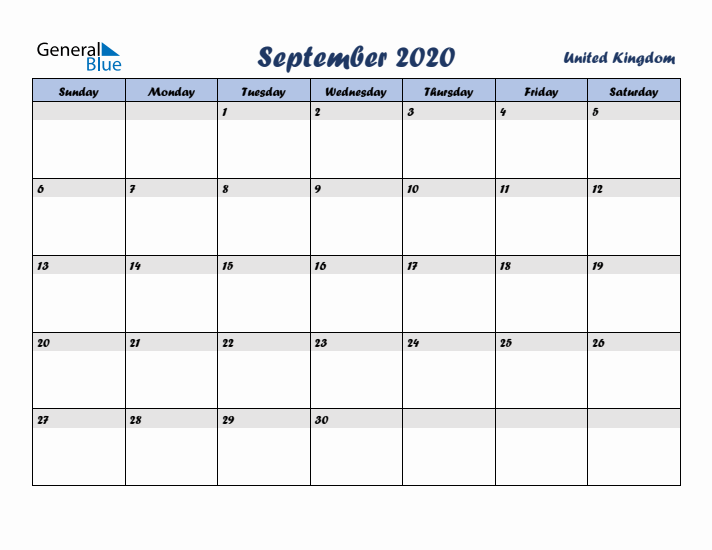 September 2020 Calendar with Holidays in United Kingdom