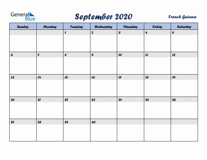 September 2020 Calendar with Holidays in French Guiana