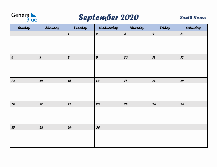 September 2020 Calendar with Holidays in South Korea