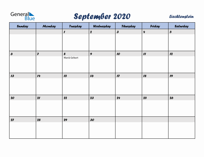 September 2020 Calendar with Holidays in Liechtenstein