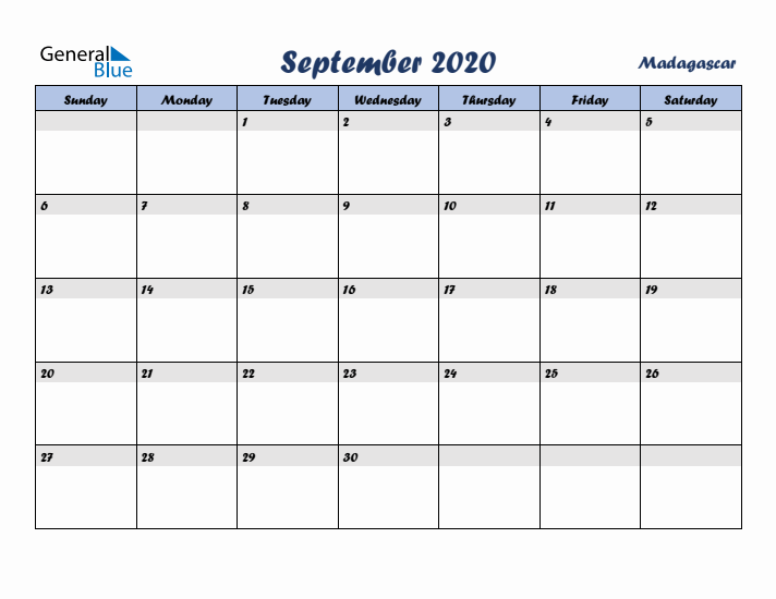 September 2020 Calendar with Holidays in Madagascar
