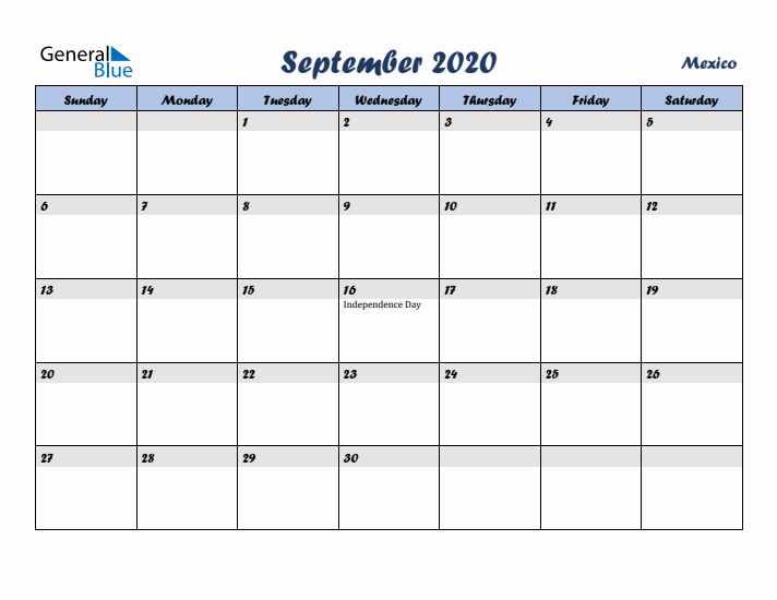 September 2020 Calendar with Holidays in Mexico