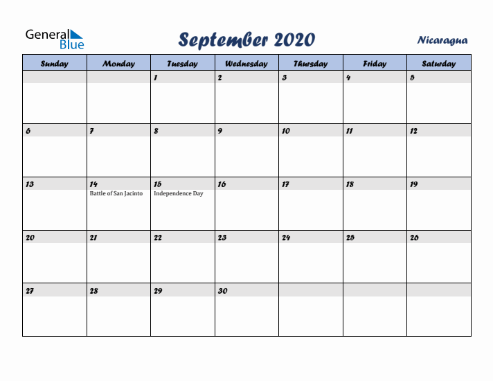 September 2020 Calendar with Holidays in Nicaragua