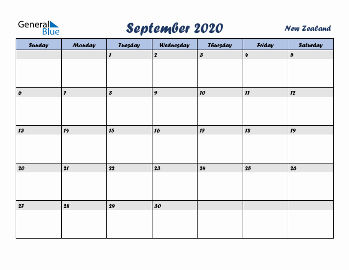 September 2020 Calendar with Holidays in New Zealand