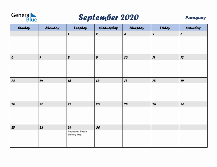 September 2020 Calendar with Holidays in Paraguay