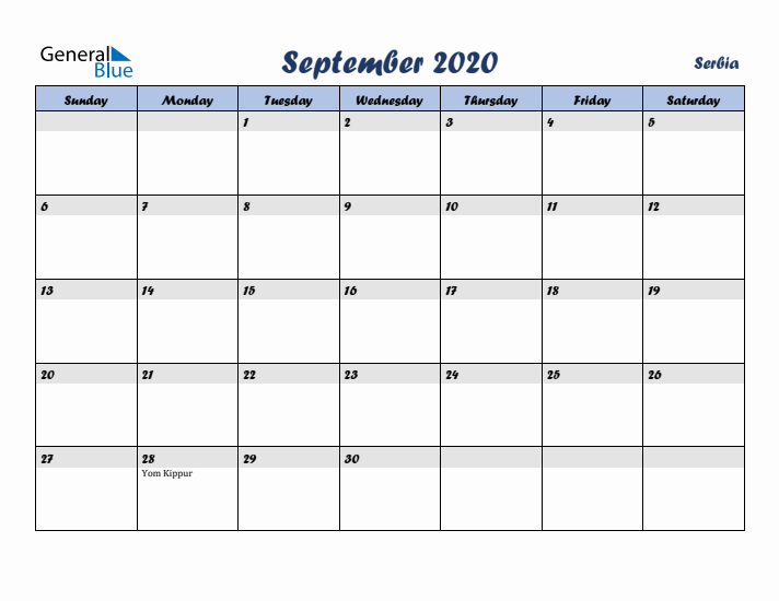September 2020 Calendar with Holidays in Serbia