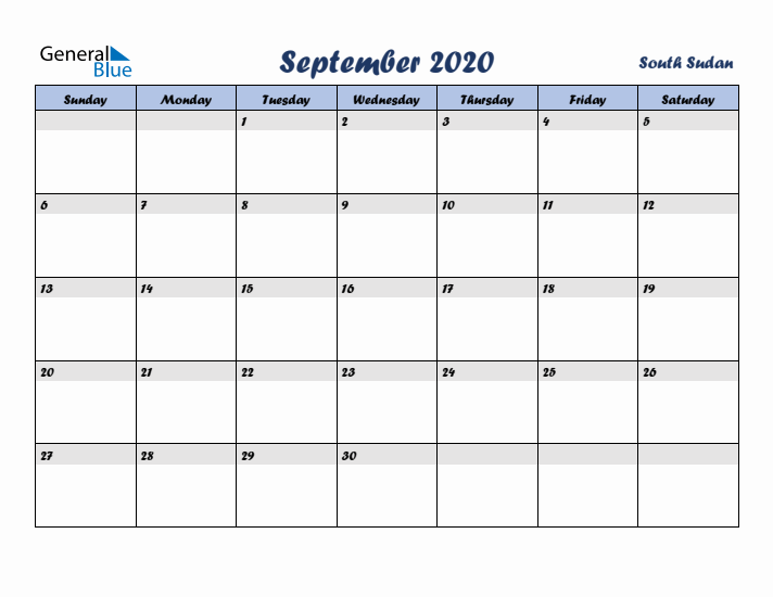 September 2020 Calendar with Holidays in South Sudan