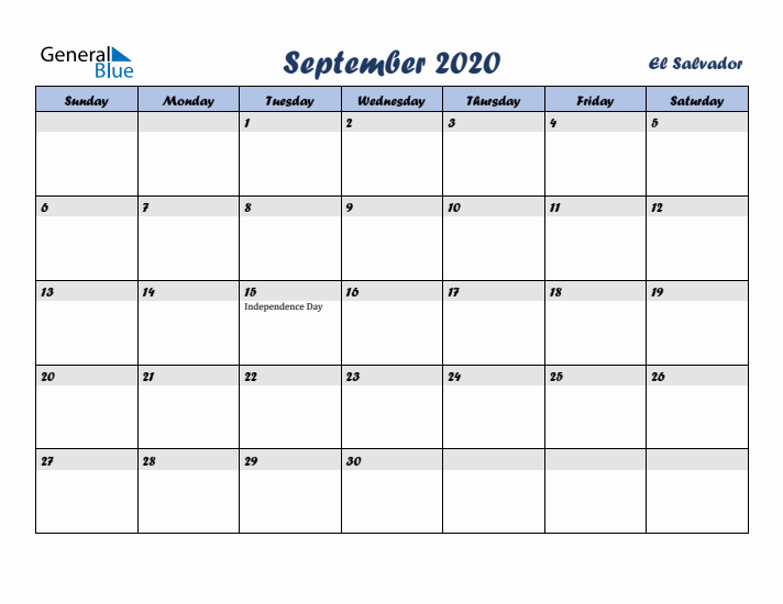 September 2020 Calendar with Holidays in El Salvador