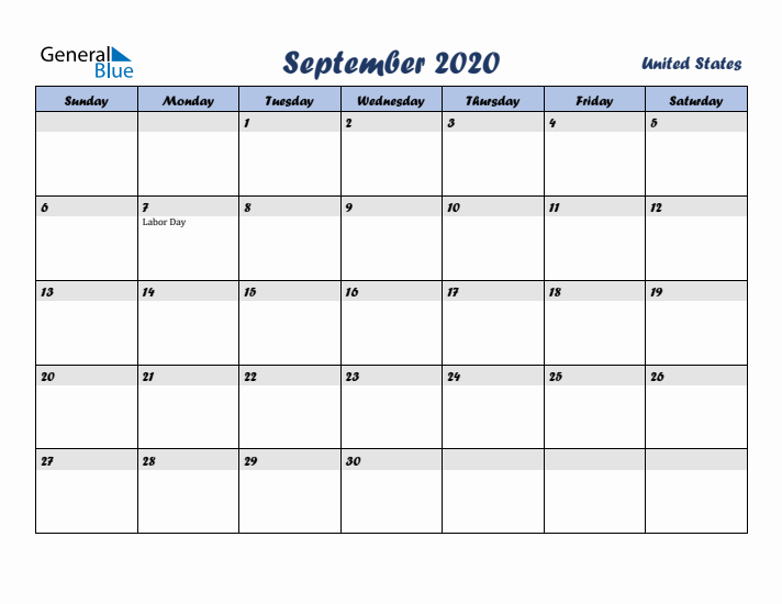 September 2020 Calendar with Holidays in United States