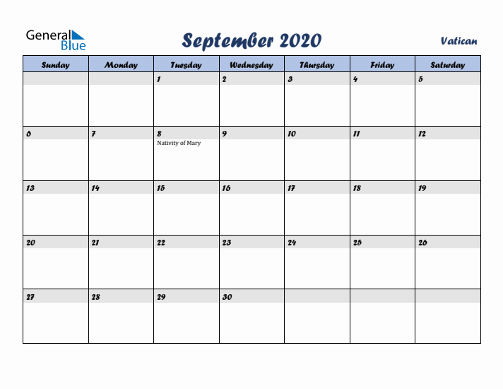 September 2020 Calendar with Holidays in Vatican