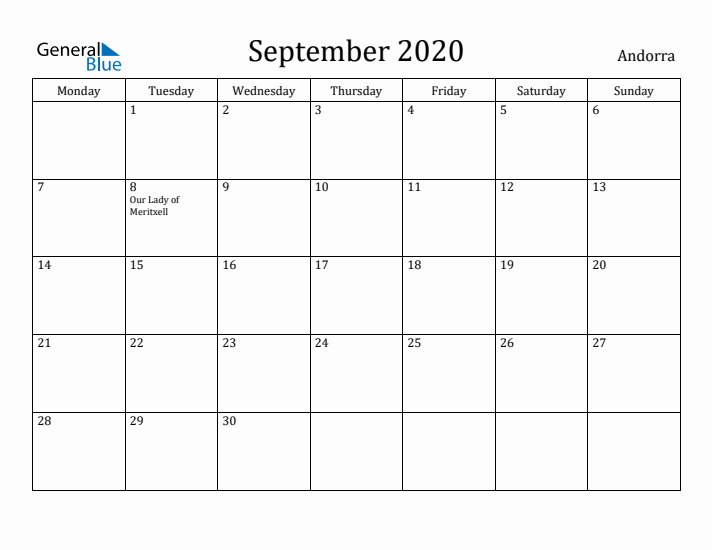 September 2020 Calendar Andorra