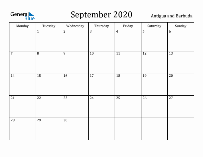 September 2020 Calendar Antigua and Barbuda