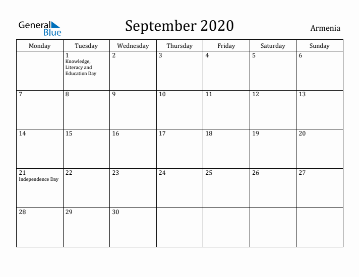 September 2020 Calendar Armenia