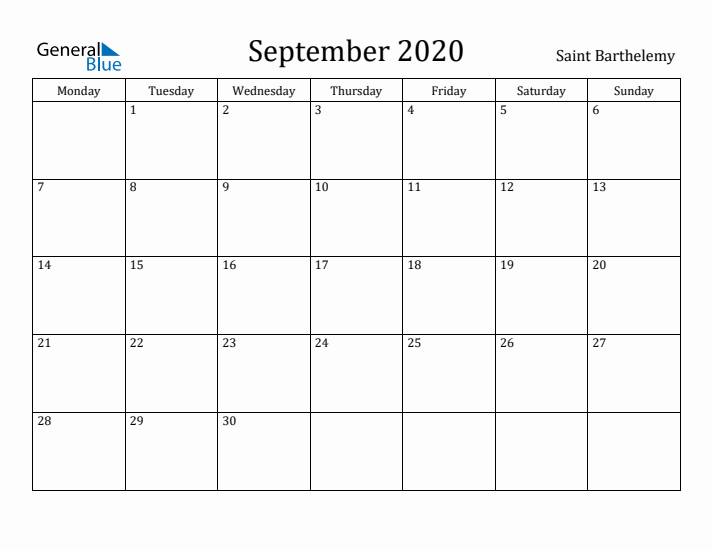 September 2020 Calendar Saint Barthelemy
