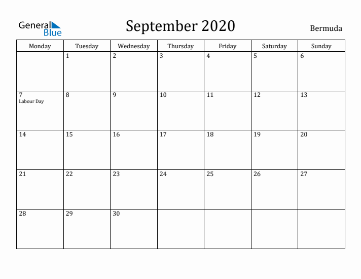 September 2020 Calendar Bermuda