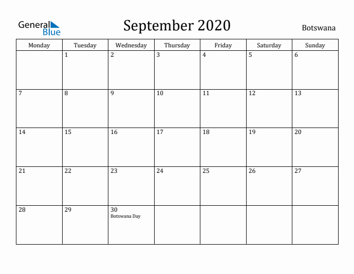 September 2020 Calendar Botswana