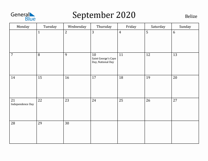 September 2020 Calendar Belize