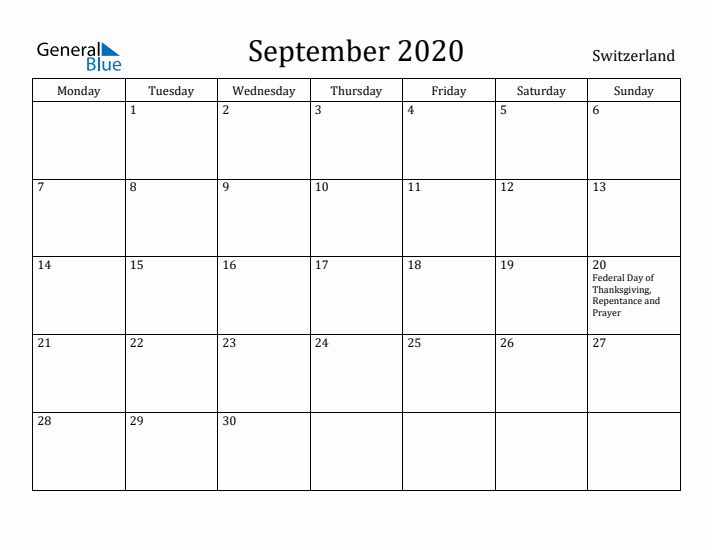 September 2020 Calendar Switzerland