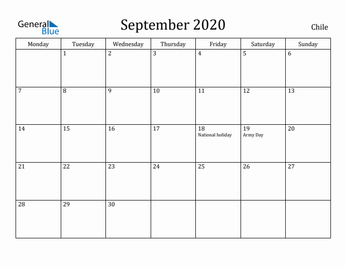 September 2020 Calendar Chile