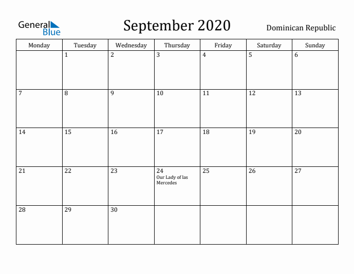 September 2020 Calendar Dominican Republic